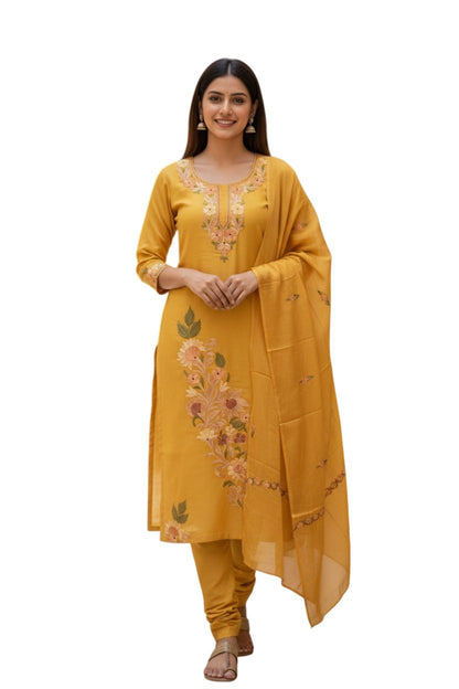 Women Silk Suits with Kashmiri Embroidery Three Piece Suit- Mustard