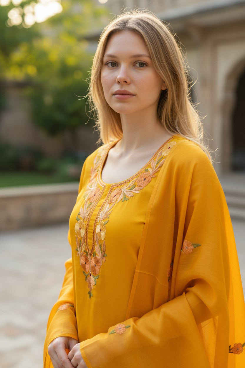 Women Silk Suits with Kashmiri Embroidery Three Piece Suit- Mustard