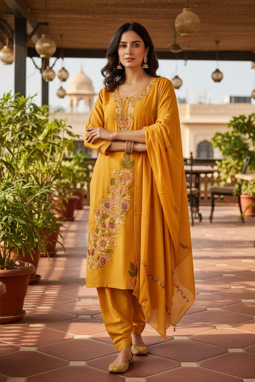 Women Silk Suits with Kashmiri Embroidery Three Piece Suit- Mustard