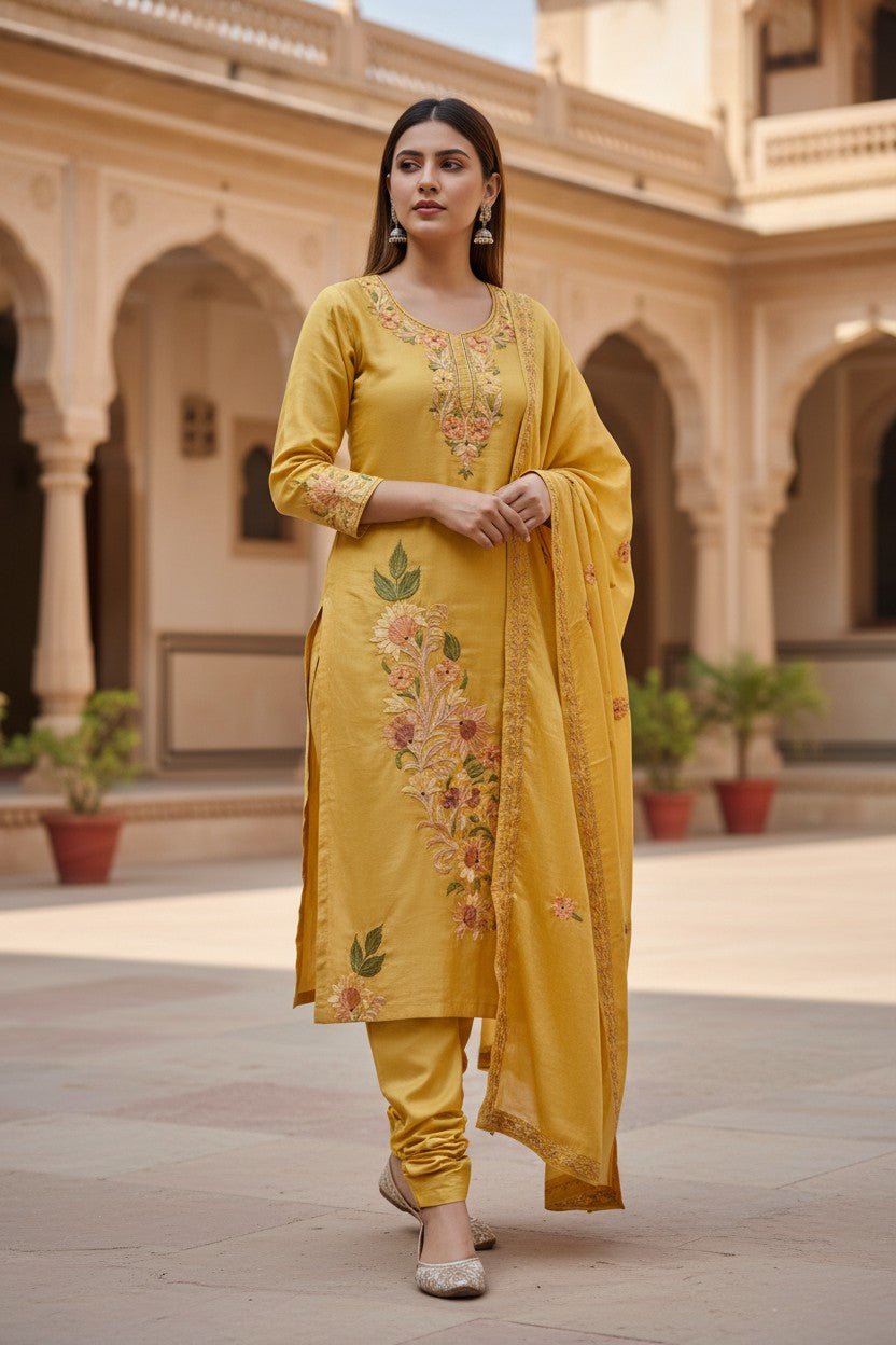 Women Silk Suits with Kashmiri Embroidery Three Piece Suit- Mustard