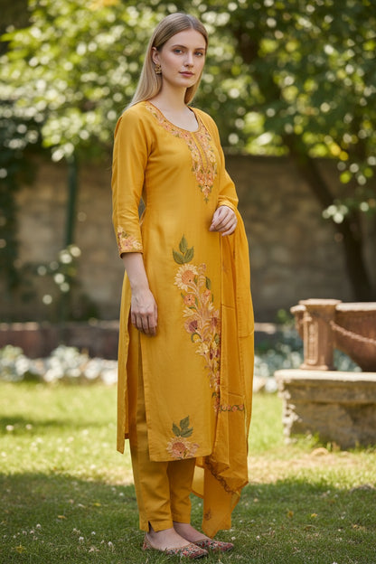 Women Silk Suits with Kashmiri Embroidery Three Piece Suit- Mustard