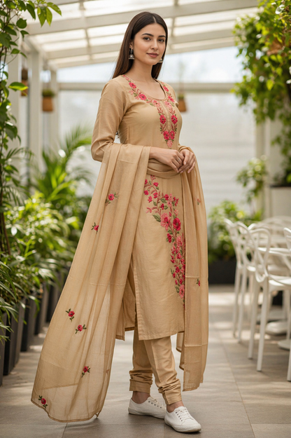 Women Silk Suits with Kashmiri Embroidery Three Piece Suit- Beige