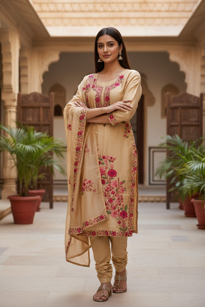 Women Silk Suits with Kashmiri Embroidery Three Piece Suit- Beige