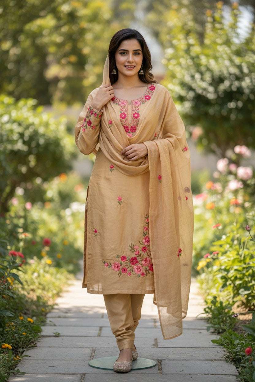 Women Silk Suits with Kashmiri Embroidery Three Piece Suit- Beige