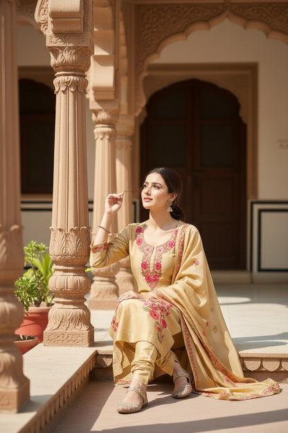 Women Silk Suits with Kashmiri Embroidery Three Piece Suit- Beige