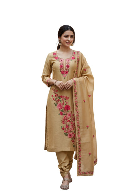 Women Silk Suits with Kashmiri Embroidery Three Piece Suit- Beige