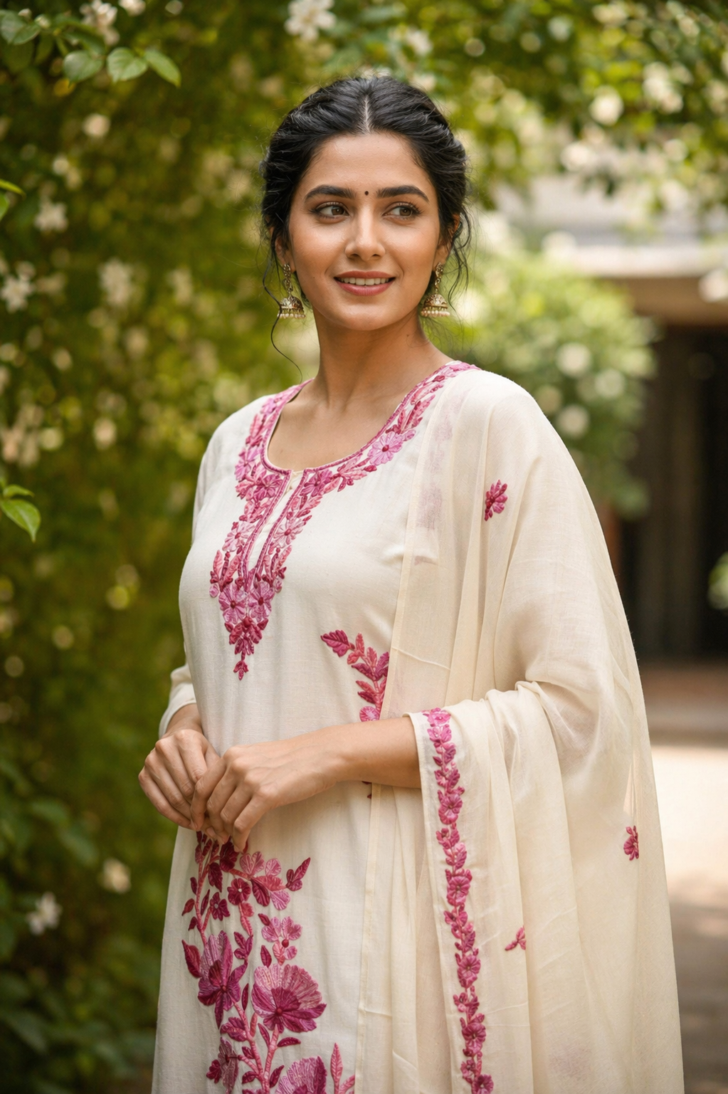 Women Silk Suits with Kashmiri Embroidery Three Piece Suit- Creamy OffWhite