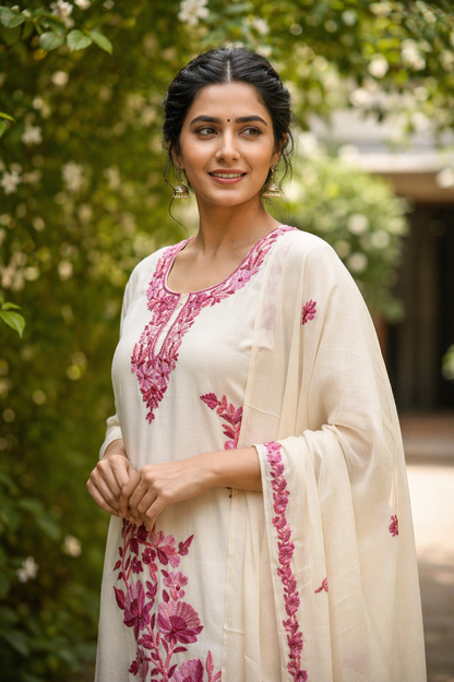Women Silk Suits with Kashmiri Embroidery Three Piece Suit- Creamy OffWhite