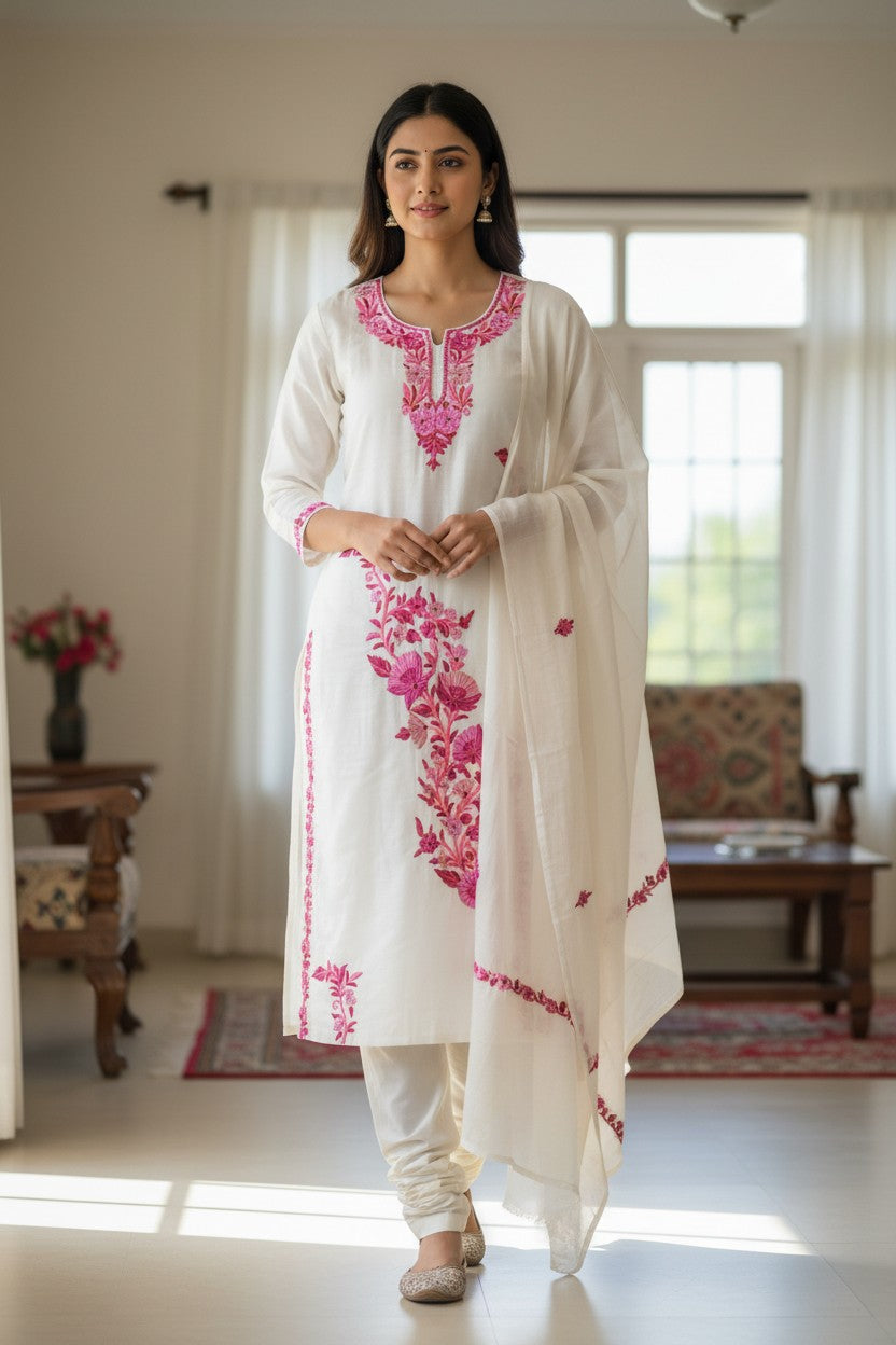 Women Silk Suits with Kashmiri Embroidery Three Piece Suit- Creamy OffWhite