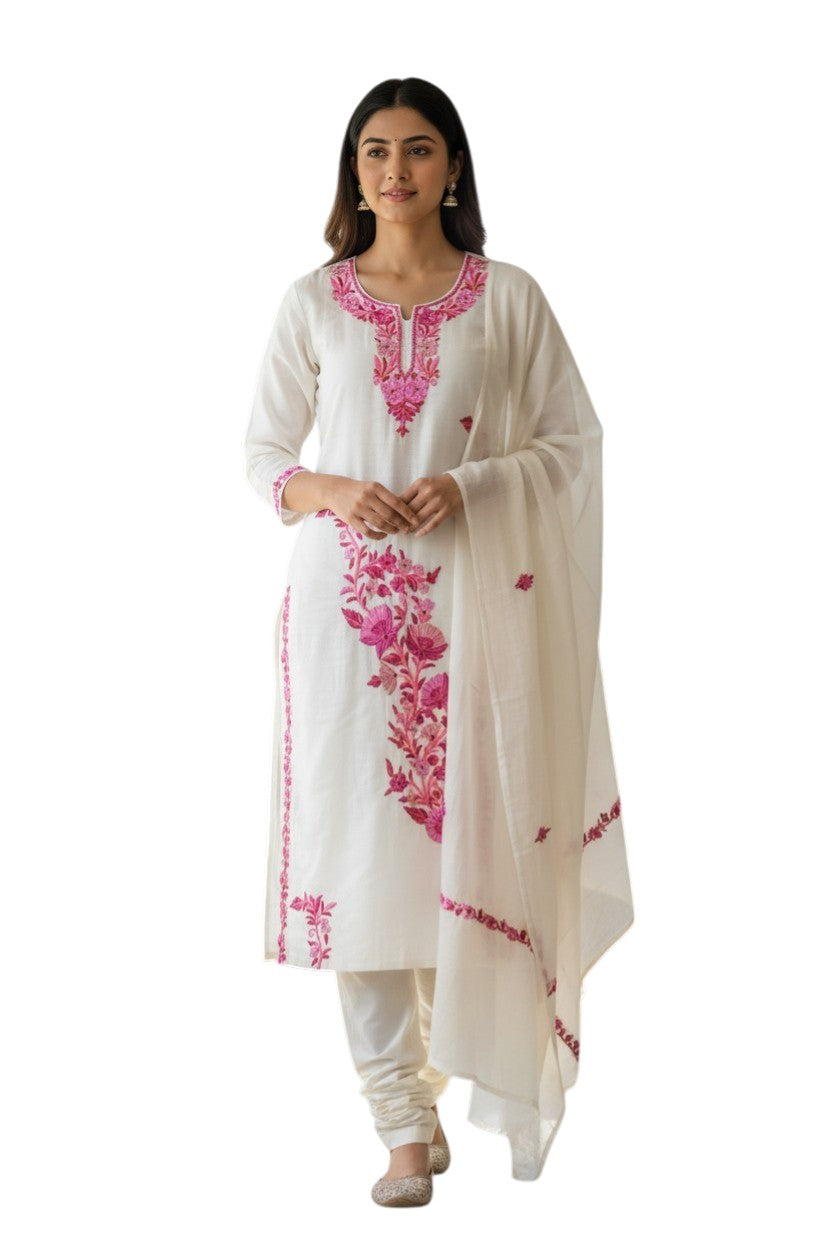 Women Silk Suits with Kashmiri Embroidery Three Piece Suit- Creamy OffWhite