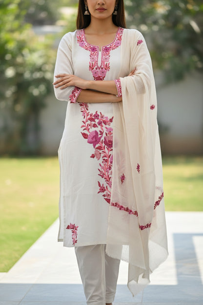 Women Silk Suits with Kashmiri Embroidery Three Piece Suit- Creamy OffWhite