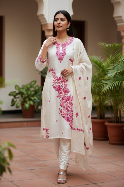 Women Silk Suits with Kashmiri Embroidery Three Piece Suit- Creamy OffWhite