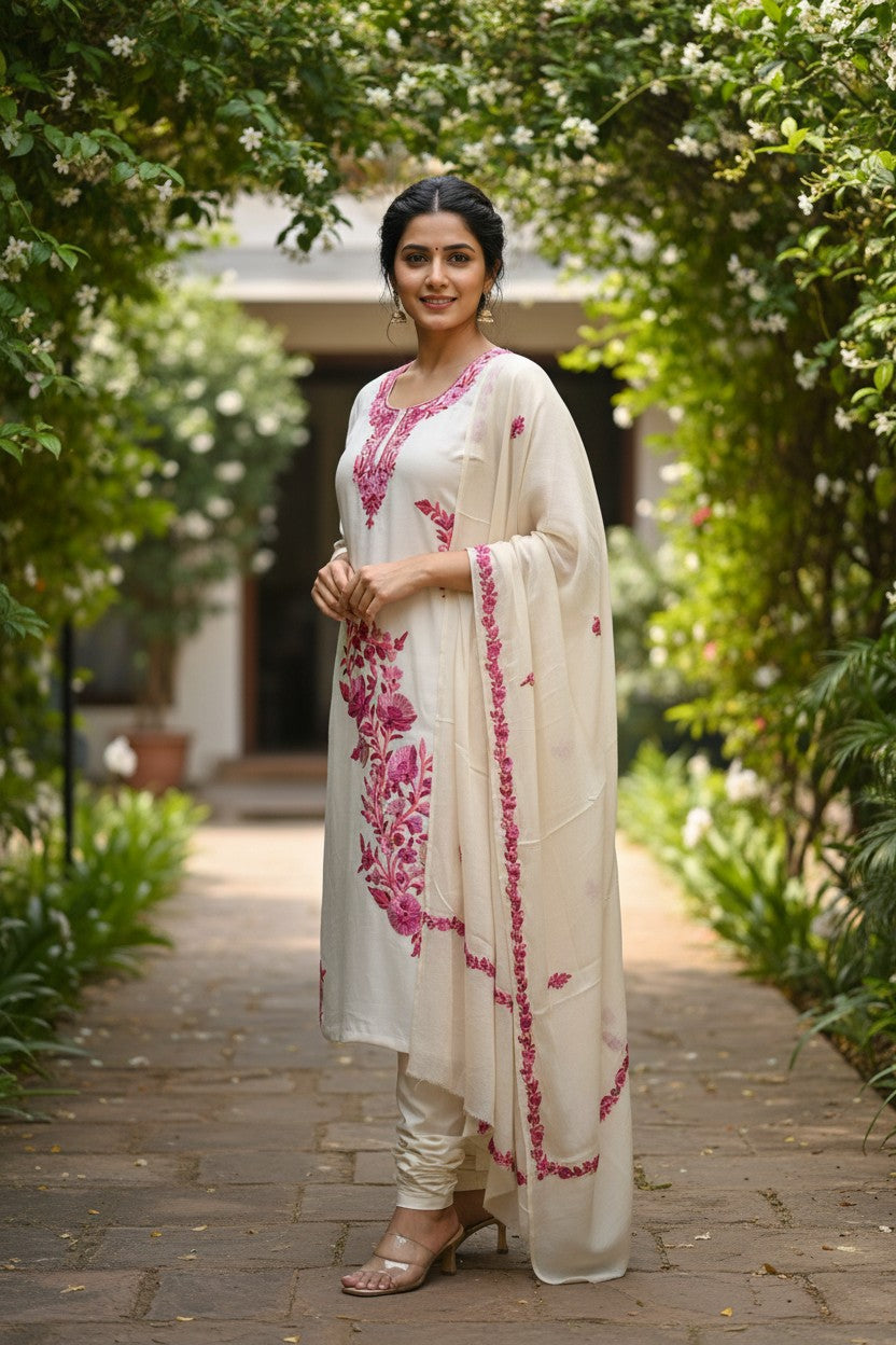 Women Silk Suits with Kashmiri Embroidery Three Piece Suit- Creamy OffWhite