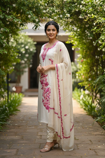 Women Silk Suits with Kashmiri Embroidery Three Piece Suit- Creamy OffWhite