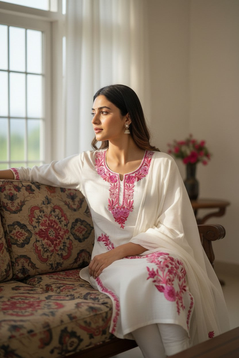 Women Silk Suits with Kashmiri Embroidery Three Piece Suit- Creamy OffWhite