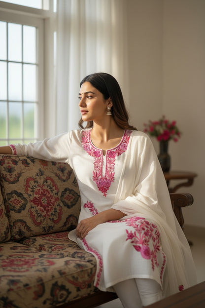 Women Silk Suits with Kashmiri Embroidery Three Piece Suit- Creamy OffWhite