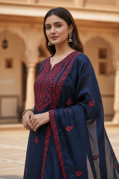Women Silk Suits with Kashmiri Embroidery Three Piece Suit- Gamma Green