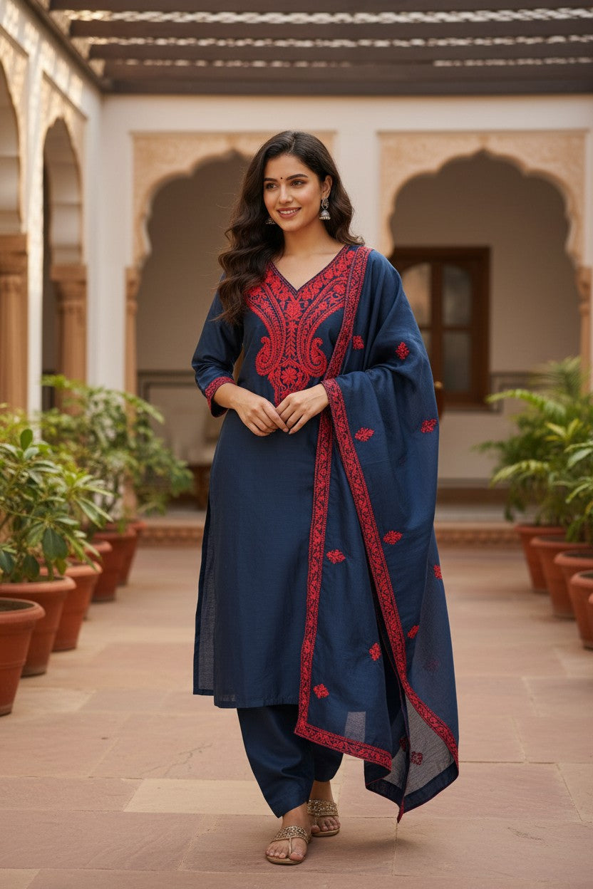 Women Silk Suits with Kashmiri Embroidery Three Piece Suit- Gamma Green