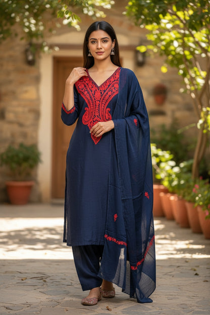 Women Silk Suits with Kashmiri Embroidery Three Piece Suit- Gamma Green