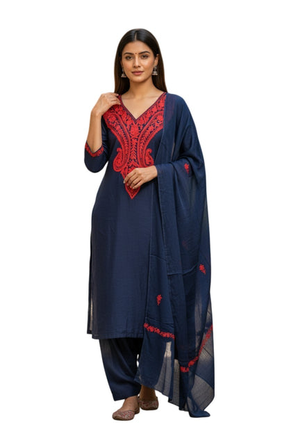 Women Silk Suits with Kashmiri Embroidery Three Piece Suit- Gamma Green