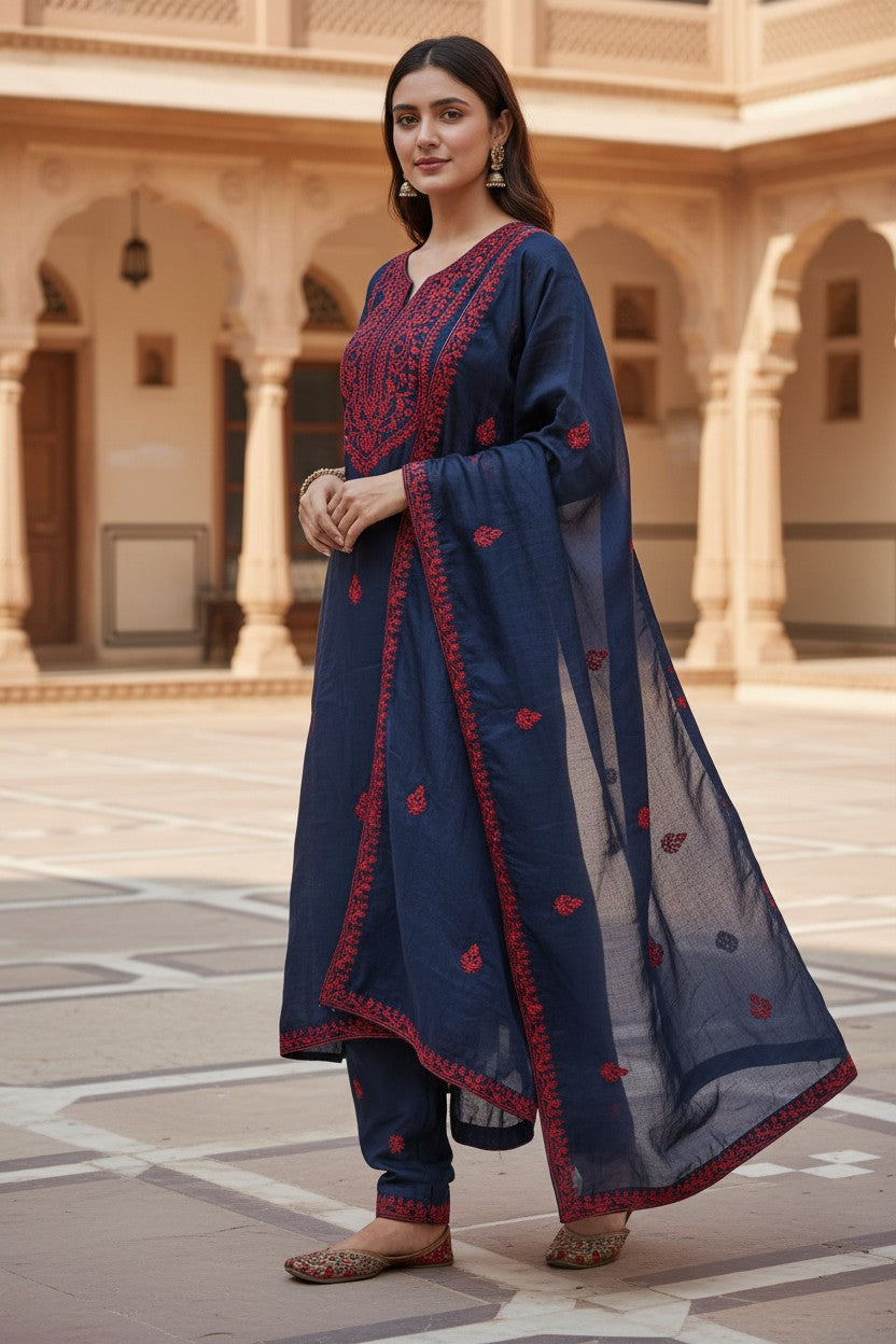 Women Silk Suits with Kashmiri Embroidery Three Piece Suit- Gamma Green