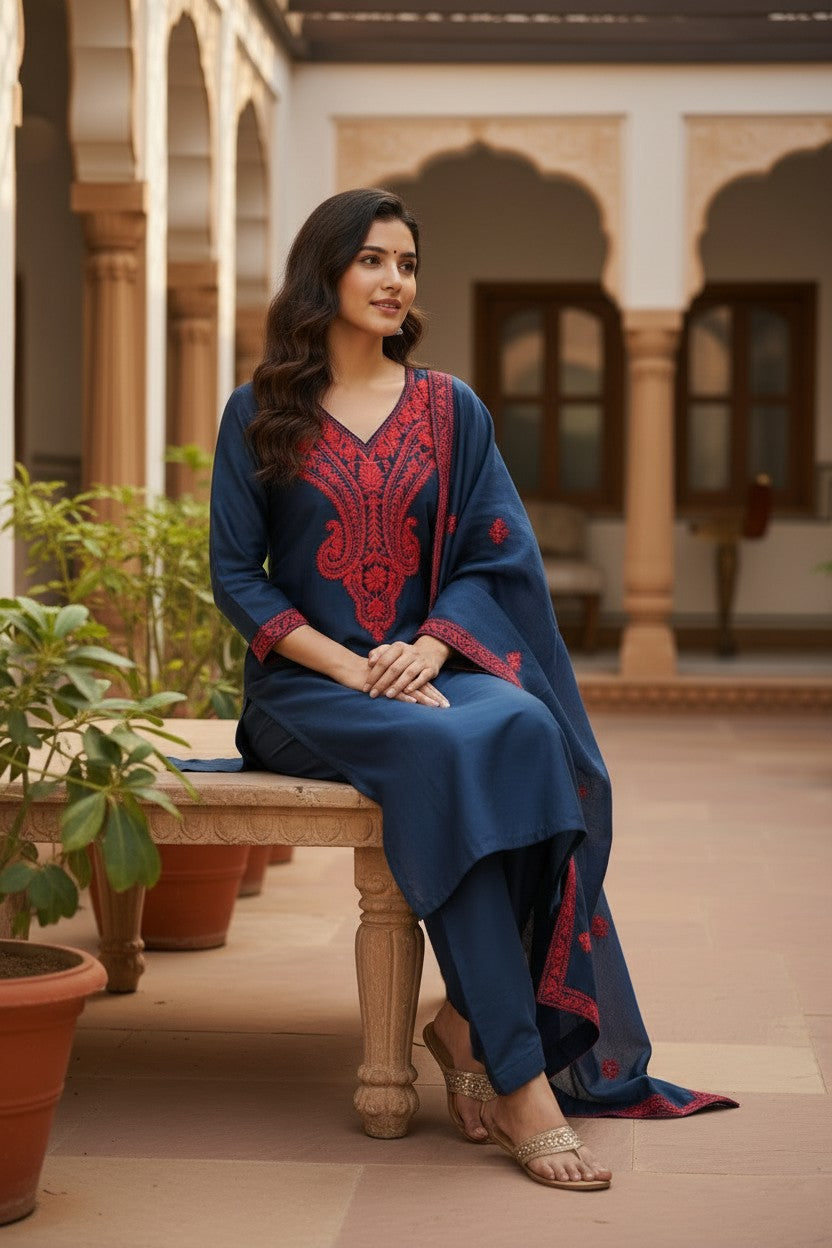 Women Silk Suits with Kashmiri Embroidery Three Piece Suit- Gamma Green