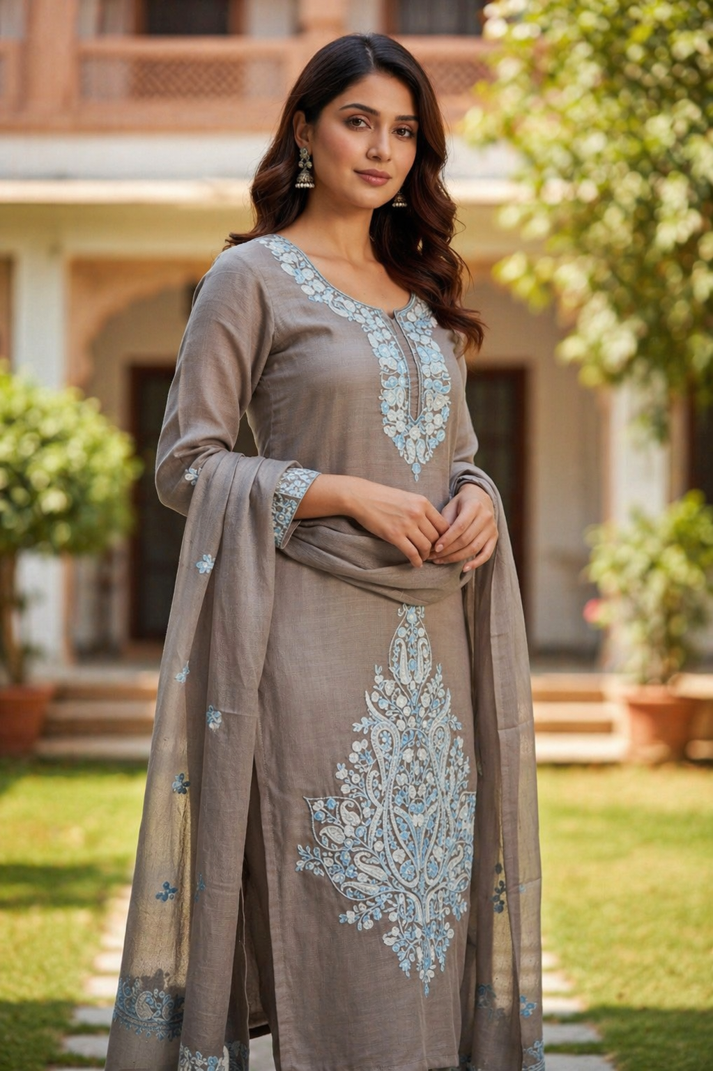 Women Silk Suits with Kashmiri Embroidery Three Piece Suit- Muted Mocha Grey