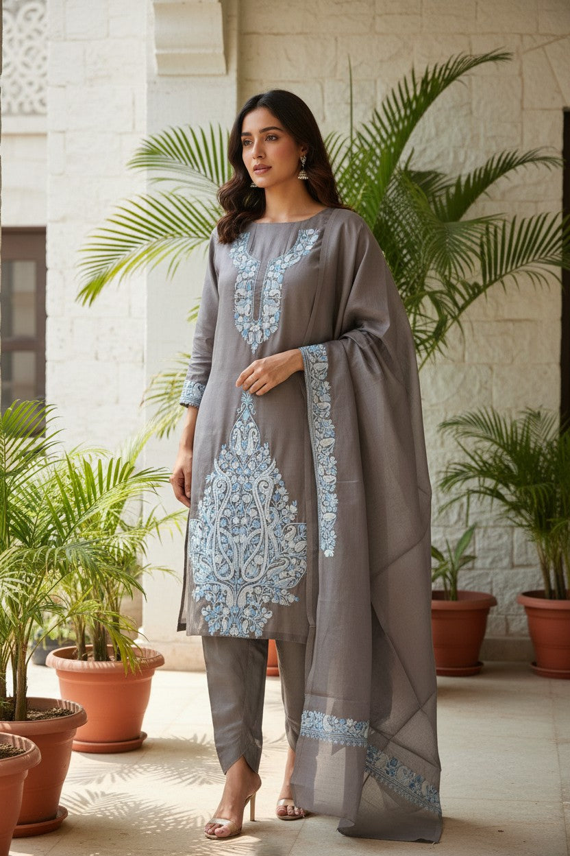 Women Silk Suits with Kashmiri Embroidery Three Piece Suit- Muted Mocha Grey