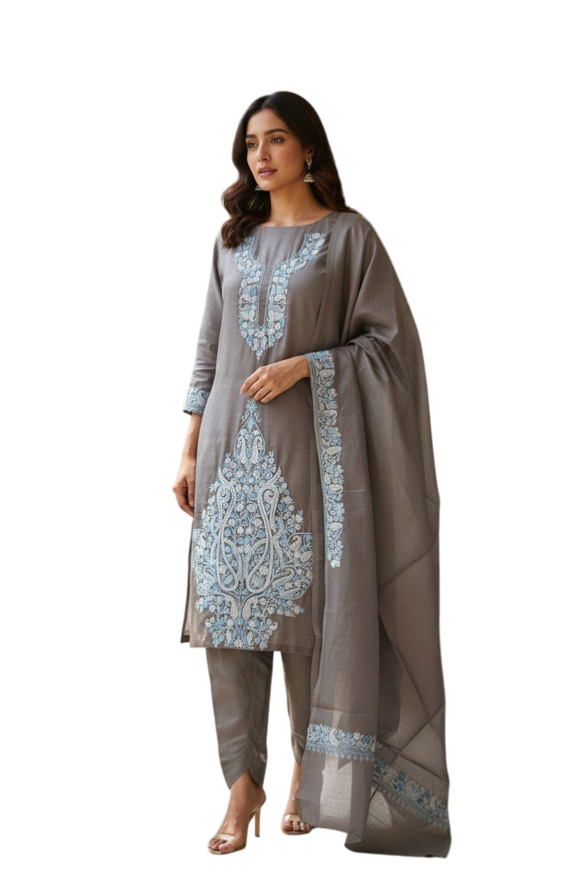 Women Silk Suits with Kashmiri Embroidery Three Piece Suit- Muted Mocha Grey