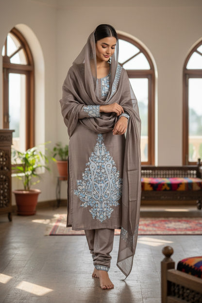 Women Silk Suits with Kashmiri Embroidery Three Piece Suit- Muted Mocha Grey