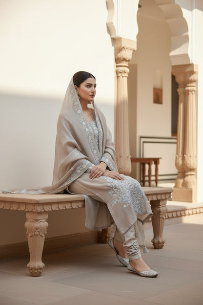 Women Silk Suits with Kashmiri Embroidery Three Piece Suit- Muted Mocha Grey
