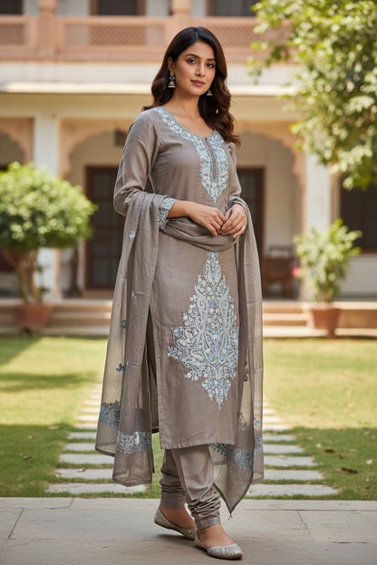 Women Silk Suits with Kashmiri Embroidery Three Piece Suit- Muted Mocha Grey
