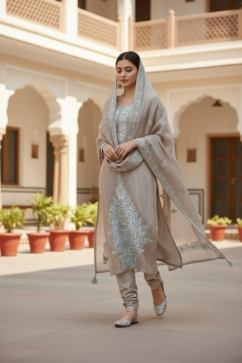 Women Silk Suits with Kashmiri Embroidery Three Piece Suit- Muted Mocha Grey