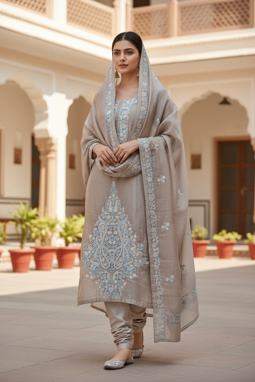 Women Silk Suits with Kashmiri Embroidery Three Piece Suit- Muted Mocha Grey