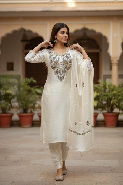 Women Silk Suits with Kashmiri Embroidery Three Piece Suit- Soft Ivory