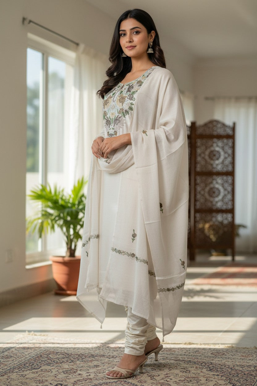 Women Silk Suits with Kashmiri Embroidery Three Piece Suit- Soft Ivory