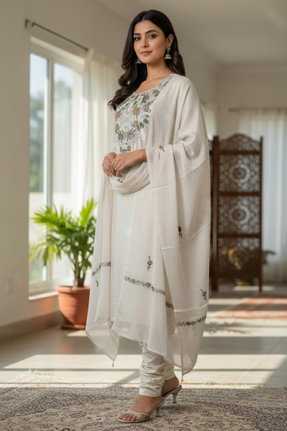 Women Silk Suits with Kashmiri Embroidery Three Piece Suit- Soft Ivory
