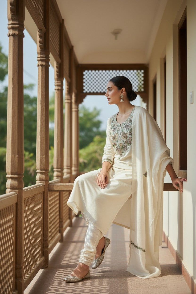 Women Silk Suits with Kashmiri Embroidery Three Piece Suit- Soft Ivory