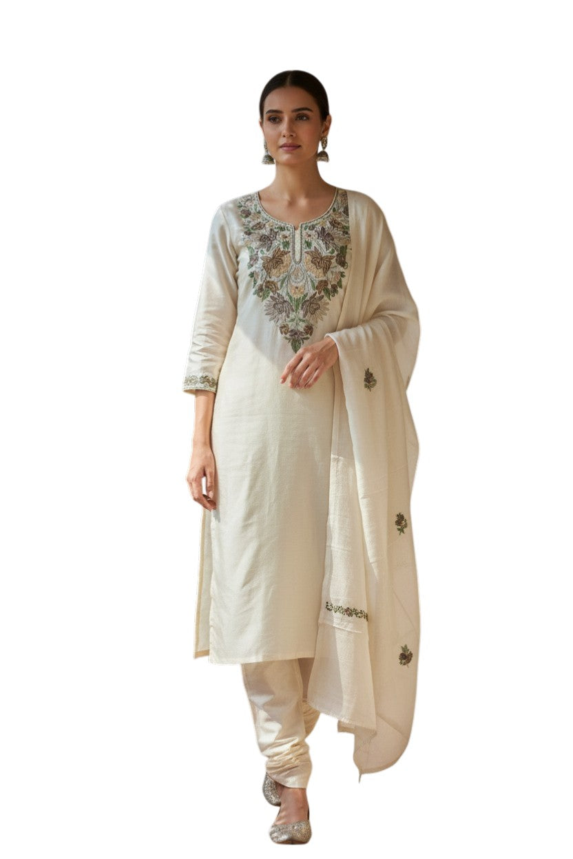 Women Silk Suits with Kashmiri Embroidery Three Piece Suit- Soft Ivory