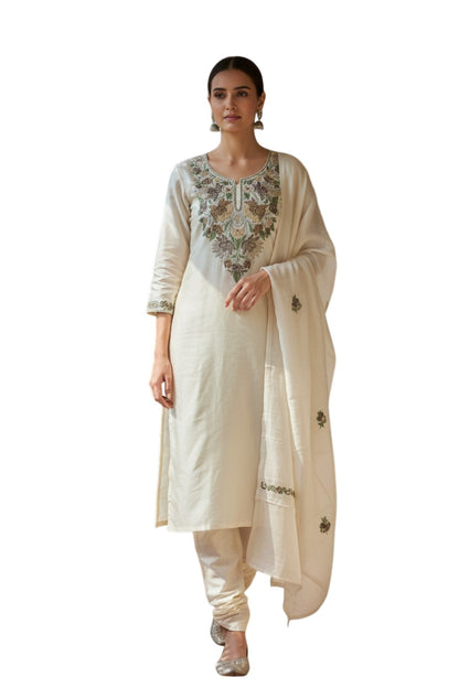 Women Silk Suits with Kashmiri Embroidery Three Piece Suit- Soft Ivory