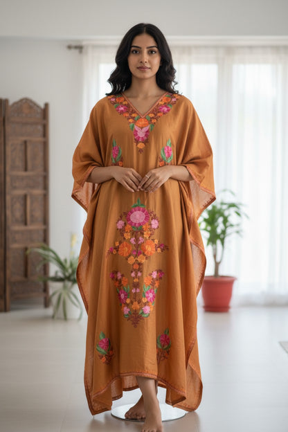 Kashmiri Kaftan Nightgown Maxi with Kashmiri Embroidery Free Size - Burnt Orange