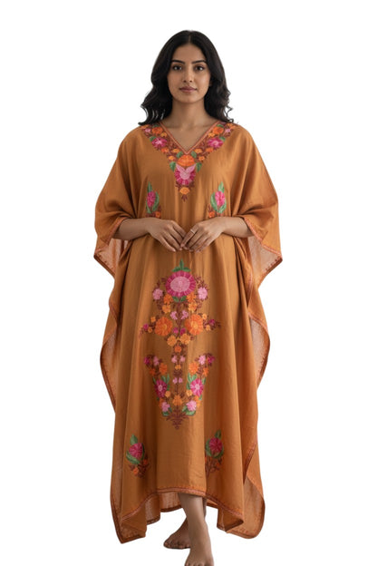 Kashmiri Kaftan Nightgown Maxi with Kashmiri Embroidery Free Size - Burnt Orange