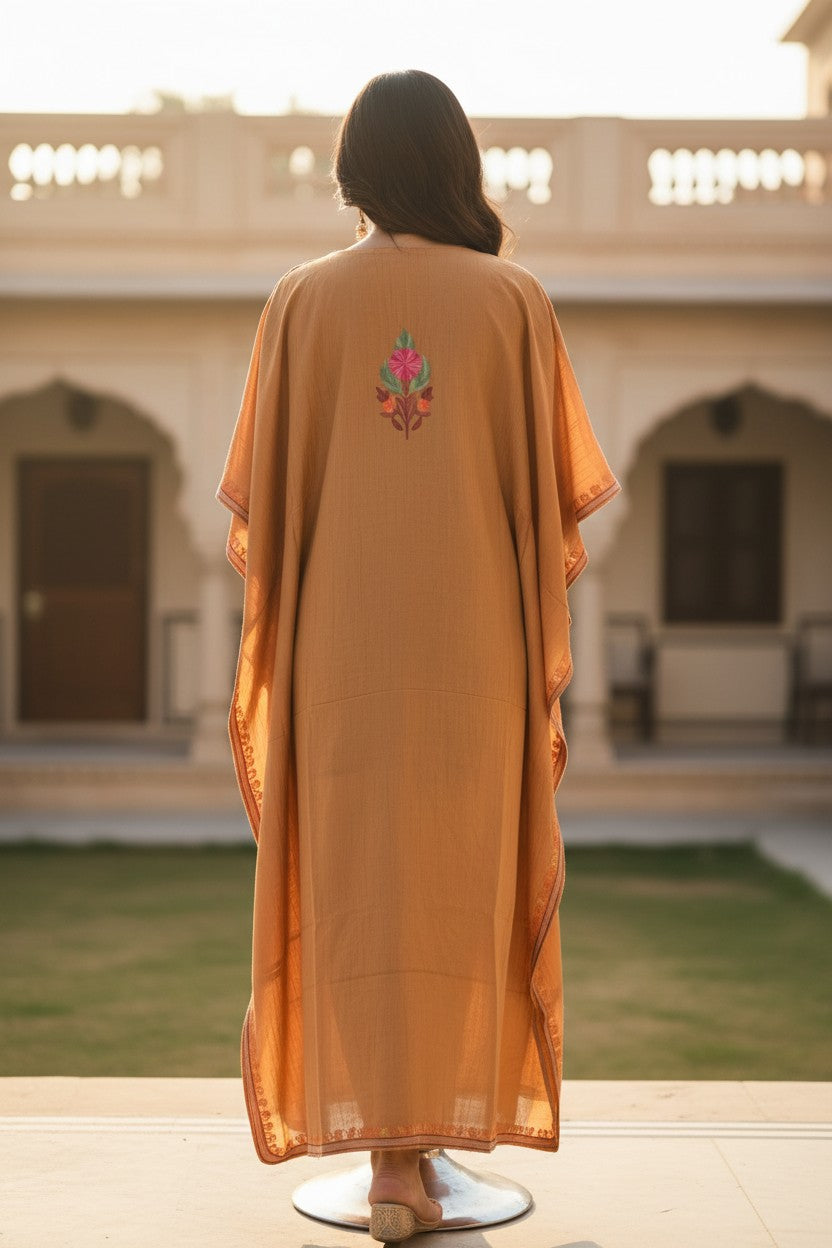 Kashmiri Kaftan Nightgown Maxi with Kashmiri Embroidery Free Size - Burnt Orange