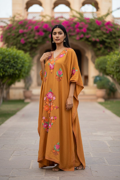 Kashmiri Kaftan Nightgown Maxi with Kashmiri Embroidery Free Size - Burnt Orange