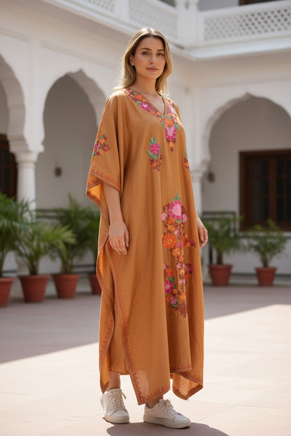Kashmiri Kaftan Nightgown Maxi with Kashmiri Embroidery Free Size - Burnt Orange
