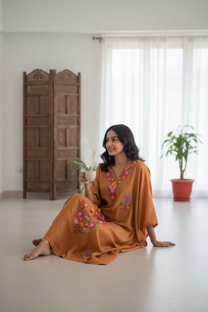 Kashmiri Kaftan Nightgown Maxi with Kashmiri Embroidery Free Size - Burnt Orange