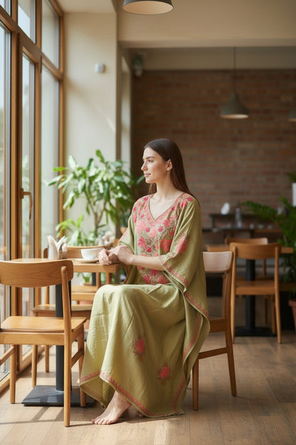 Kashmiri Kaftan Nightgown Maxi with Kashmiri Embroidery Free Size - Light Green