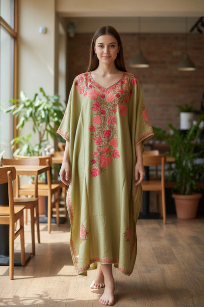 Kashmiri Kaftan Nightgown Maxi with Kashmiri Embroidery Free Size - Light Green