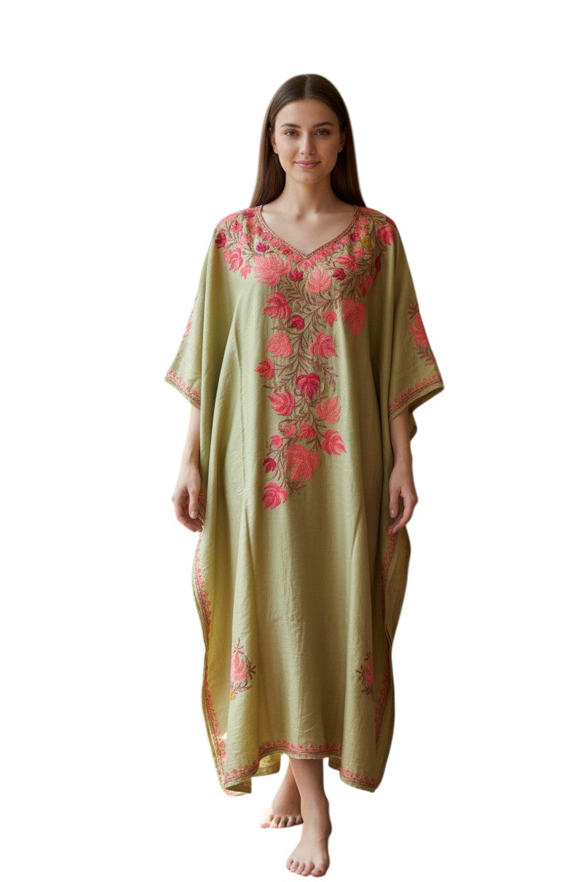Kashmiri Kaftan Nightgown Maxi with Kashmiri Embroidery Free Size - Light Green