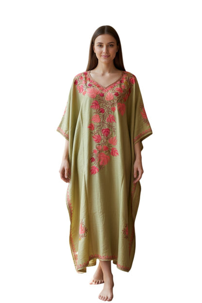 Kashmiri Kaftan Nightgown Maxi with Kashmiri Embroidery Free Size - Light Green